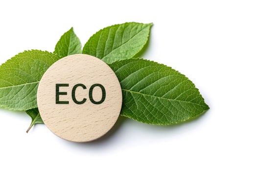 Eco friendly wooden label surrounded by green leaves promoting environmental awareness photo
