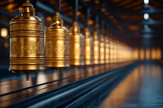 Golden prayer wheels spinning for good luck and prosperity in a buddhist temple photo
