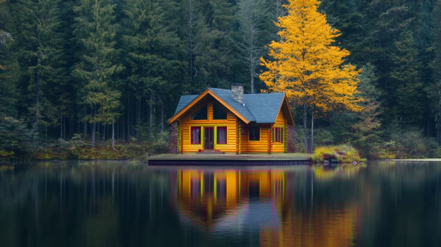 Wooden cabin reflecting on a calm lake in an autumn forest photo