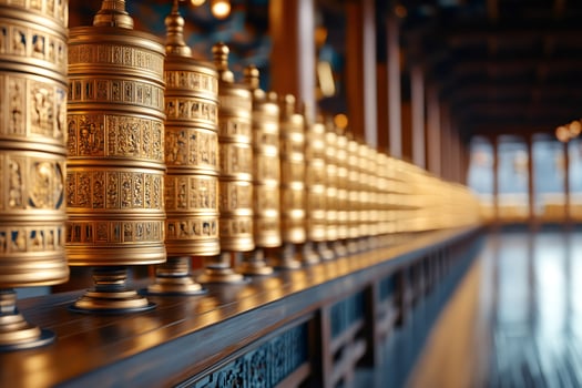 Row of golden prayer wheels standing in Buddhist temple photo