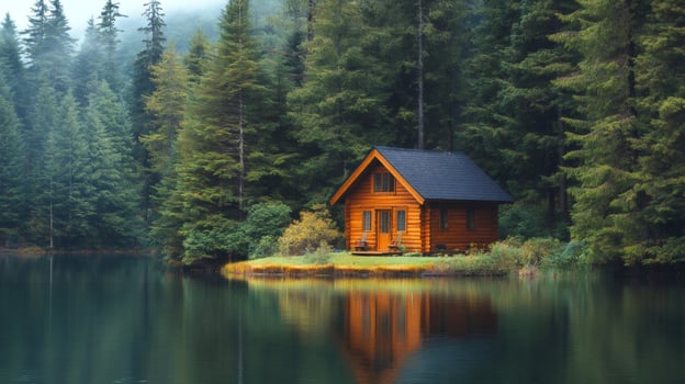 Wooden cabin reflecting on a mountain lake surrounded by forest photo