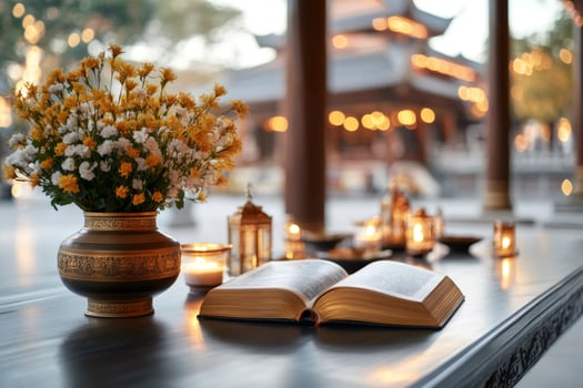 Open Book, Flowers, and Candles Creating a Serene Atmosphere in a Temple photo