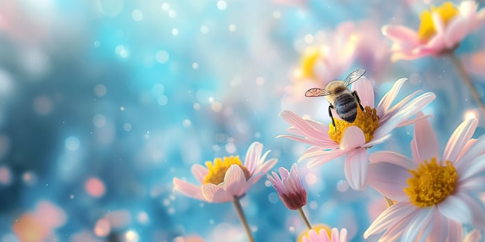 A close-up of a bee pollinating vibrant daisies against a dreamy blue background. photo