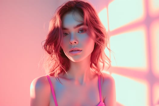 A young Caucasian woman with wavy hair poses in soft pink light, creating a dreamy and ethereal atmosphere. photo