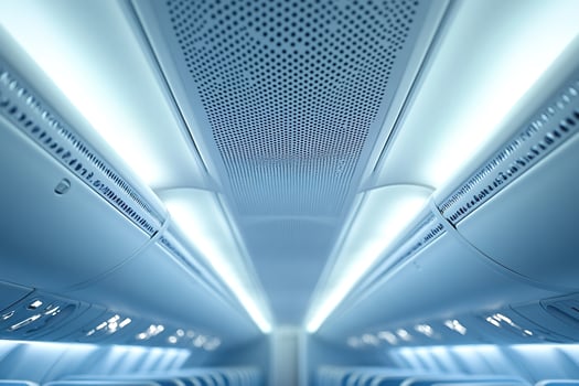 Passenger airplane cabin in detail. Roof and luggage compartment above passenger seats close-up. photo