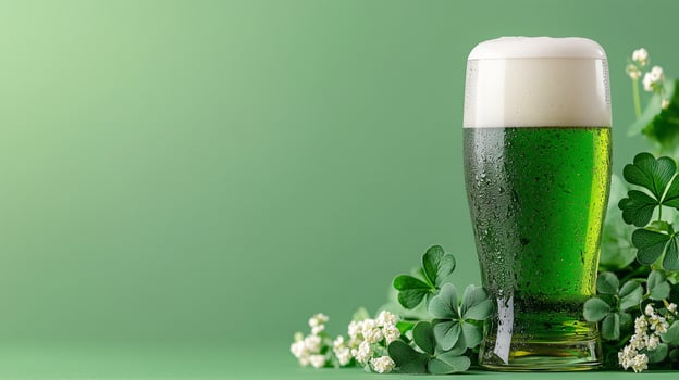 Refreshing green beer with shamrocks and dew on st. patrick's day celebration photo
