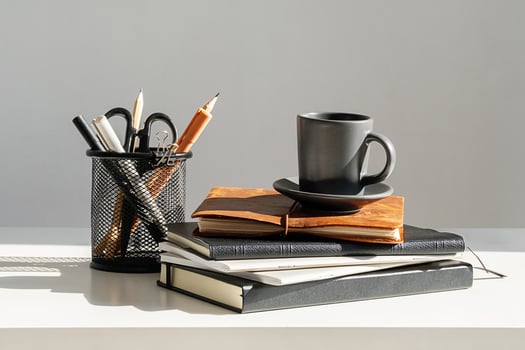 Stack of Books with Espresso Coffee Cup On Top. photo