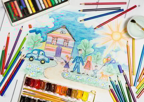 Childrens Creation With Sketch of Family,Paints And Pencils photo