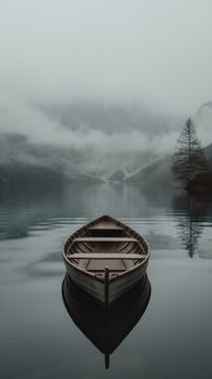 A serene wooden boat floats on a foggy lake, surrounded by misty mountains and tranquil water reflections. photo