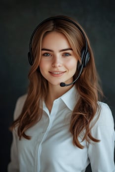 Portrait of a beautiful young woman wearing headset and smiling photo