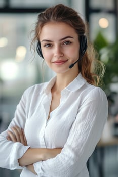 A young woman wearing a headset in an office photo