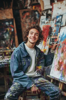 A young male painter artist smiling while sitting next to a colorful canvas in a vibrant art studio filled with paintings and art supplies. photo