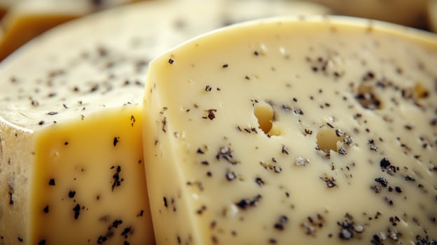 Gouda cheese with herbs displayed at a gourmet market photo