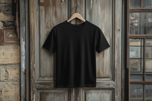 Black t - shirt hanging on a wooden door photo