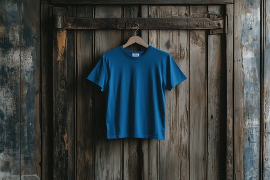 A blue t - shirt hanging on a wooden door photo