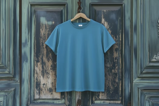 Blue t - shirt hanging on wooden door photo