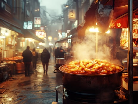 Steaming tteokbokki served at a bustling street market in Seoul photo