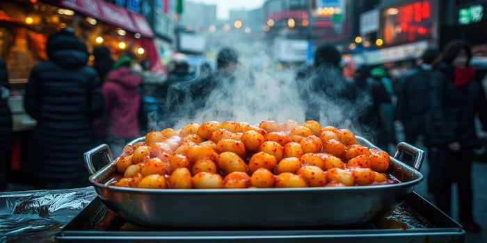 Tteokbokki street food delight in bustling market at night photo