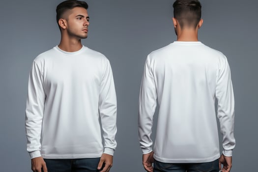Two men wearing white long sleeve t - shirts mock up photo