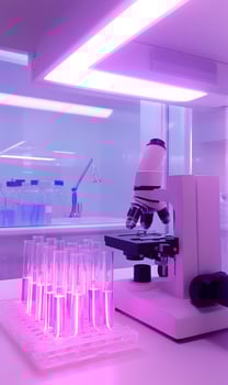 Innovative Biomedical Research Environment with Microscope, Test Tubes, Pink Hue and Workspace photo
