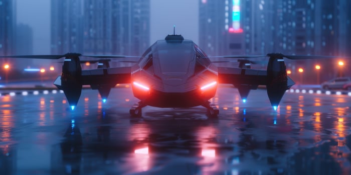 Futuristic aircraft on a rainy urban helipad at twilight with city lights photo