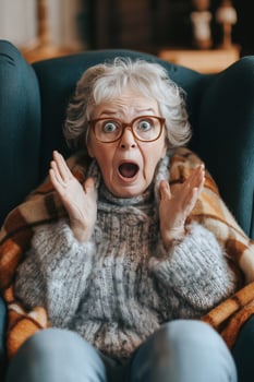 An older woman with glasses and a sweater is sitting in a chair photo