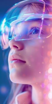 Young asian woman exploring virtual reality with futuristic glowing headset photo