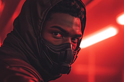 Futuristic Portrait of a Masked Individual in Red Neon Lighting photo