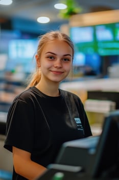 A young woman in a black shirt standing behind a cash register photo