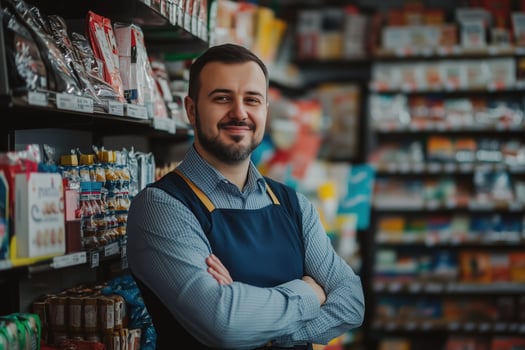 A smiling man standing in front of shelves in a supermarket photo