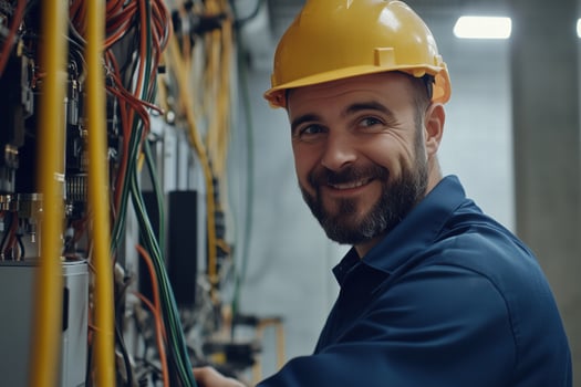 A smiling man in a hard hat standing in front of electrical equipment photo