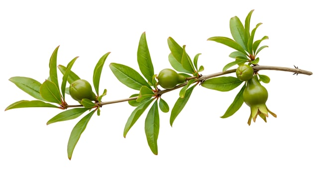 Green Pomegranate Branch with Leaves Isolated White Background Botanical Illustration tree food ripe photo