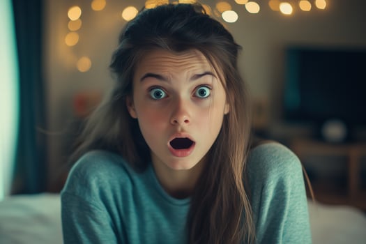 A woman is looking surprised while sitting on a bed photo