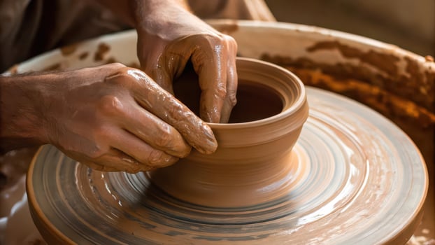 A person is making a pot on a potter's wheel photo