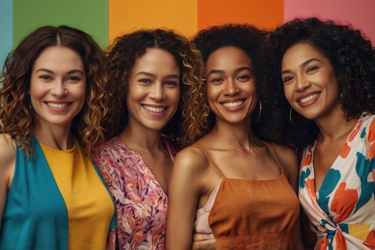 Colorful Group of Women Celebrating March Eighth International Women's Day in Trendy Fashion and Vibrant Background photo