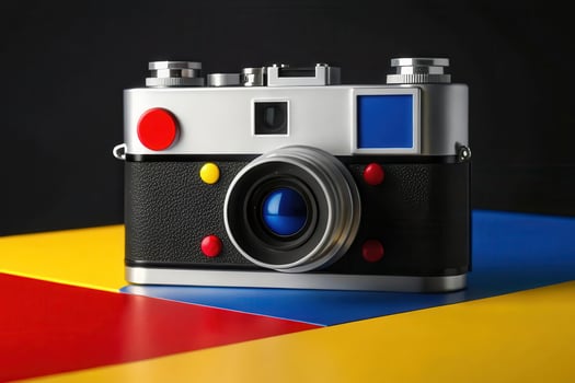 A camera with red, blue and yellow buttons on it photo