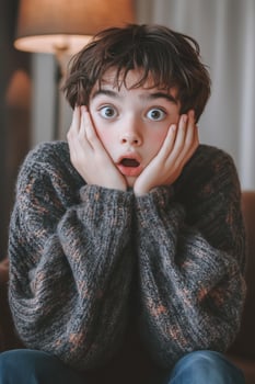 A boy in a sweater is looking surprised photo