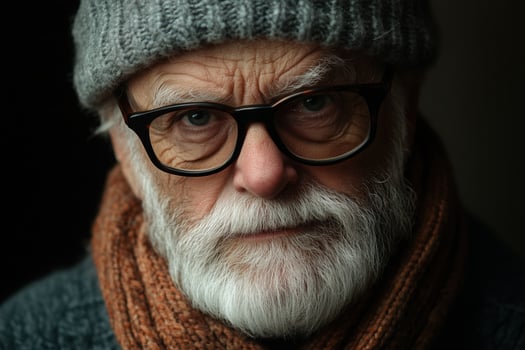 An old man with glasses and a hat photo