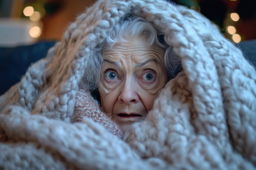 An elderly woman is wrapped up in a blanket photo