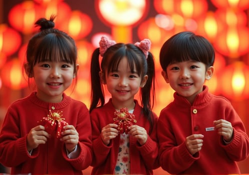 Three children in red holding chinese lanterns photo