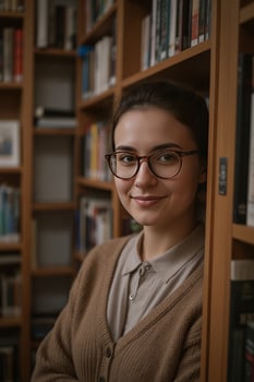 A close-up portrait of a librarian wearing glasses and a sweater, standing between bookshelves with books slightly out of focus behind photo