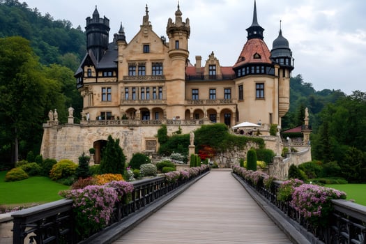 Wooden bridge leading to a majestic castle surrounded by gardens photo