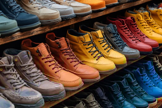 Colorful leather boots displayed on wooden shelves in a shoe store photo