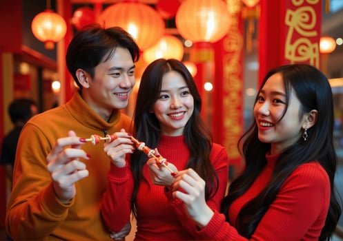 Three people in red clothing holding chinese lanterns photo