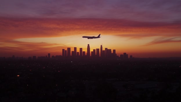 Travel or journey background photo. An airplane flying over the city photo