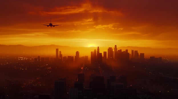 Travel concept image. An airplane flying over the city at sunset photo