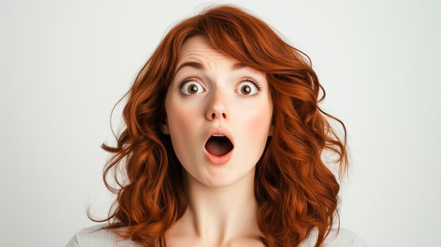 Shocked face expression of a young woman with red hair. photo