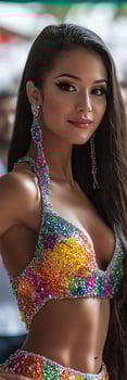A woman in a colorful bikini top and earrings photo