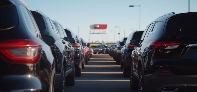 Long line of cars in a parking lot photo