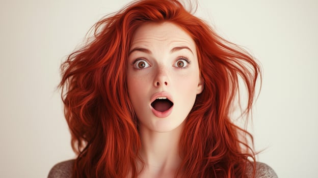 Portrait of a young woman with redhair and shocked face expression. photo
